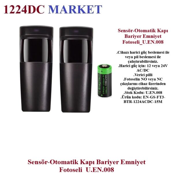 Cihazı harici güç beslemesi ile veya pil beslemesi ile çalıştırabilirsiniz. .Harici güç için: 12 veya 24V AC/DC .Verici pilli Fotoselin NO veya NC çıkışlarını cihaz üzerinden değiştirebilirsiniz.