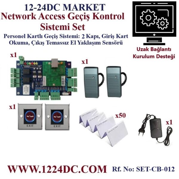 Network Access Geçiş Kontrol Sistemi_SET-CB-012 Tanım: ENPERCON 2 kapı için network access geçiş kontrol sistemi. Giriş kart okuyucu çıkış el yaklaşım sensörü ile. Yazılım üzerinden yetkilendirme yetki kaldırma ve raporlama imkanı. Kurulum ve bağlantı için uzak bağlantı desteği.